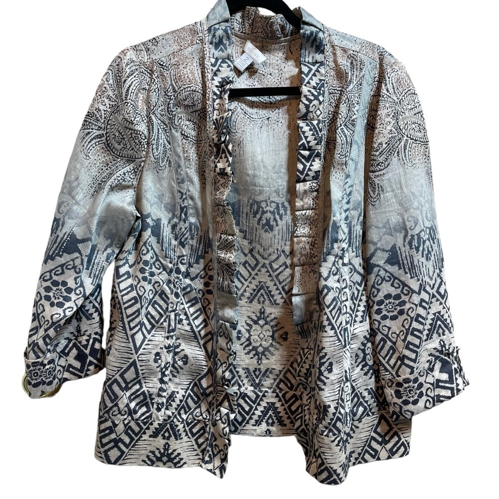 Chico's Linen Blend Cardigan Paisley 3/4 Sleeve Open Front Cardigan Women M